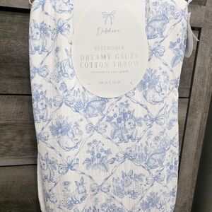 Delphine Easter Bunny Bow Blue Reversible Cotton Gauze Throw Blanket